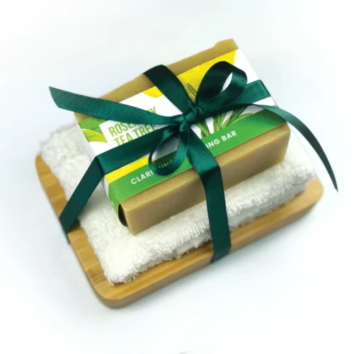 Tea Tree and Rosemary Soap Gift set with Bamboo Soap Dish and Egyptian Cotton Face Cloth